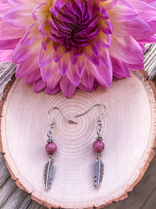 Feather Earrings- rhodonite stone beads