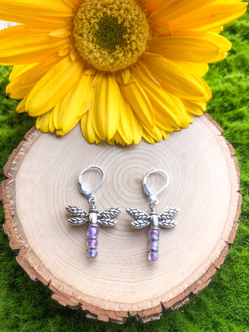 Dragonfly Earrings- iridescent purple beads