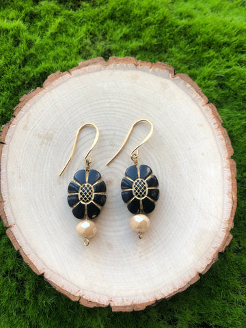Black and Gold Floral Wooden Bead Earrings