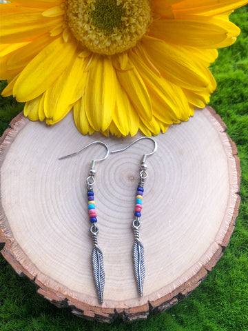 Feather earrings- multicolor seed beads