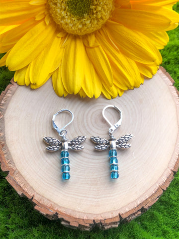 Dragonfly Earrings- Blue Seed Beads