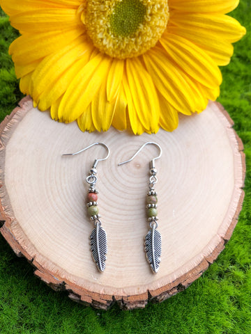 Feather earrings- unakite stone beads