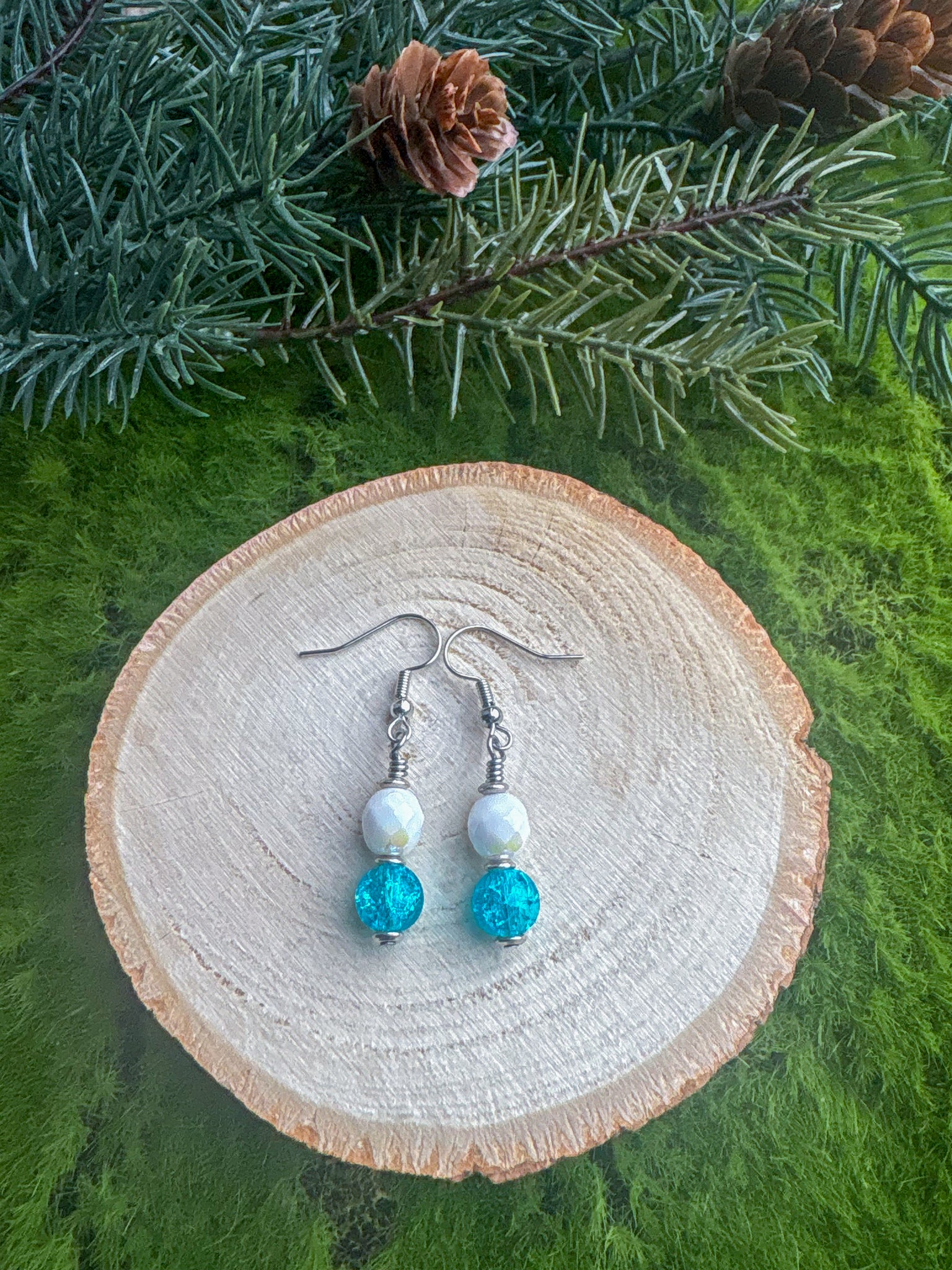 Irridescent Blue and White Stack Earrings