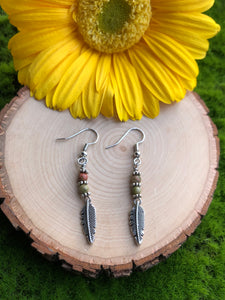 Feather earrings- unakite stone beads