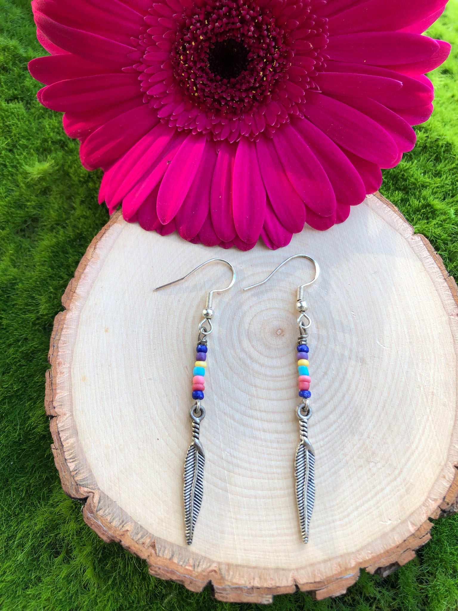 Multicolor seed bead feather earrings