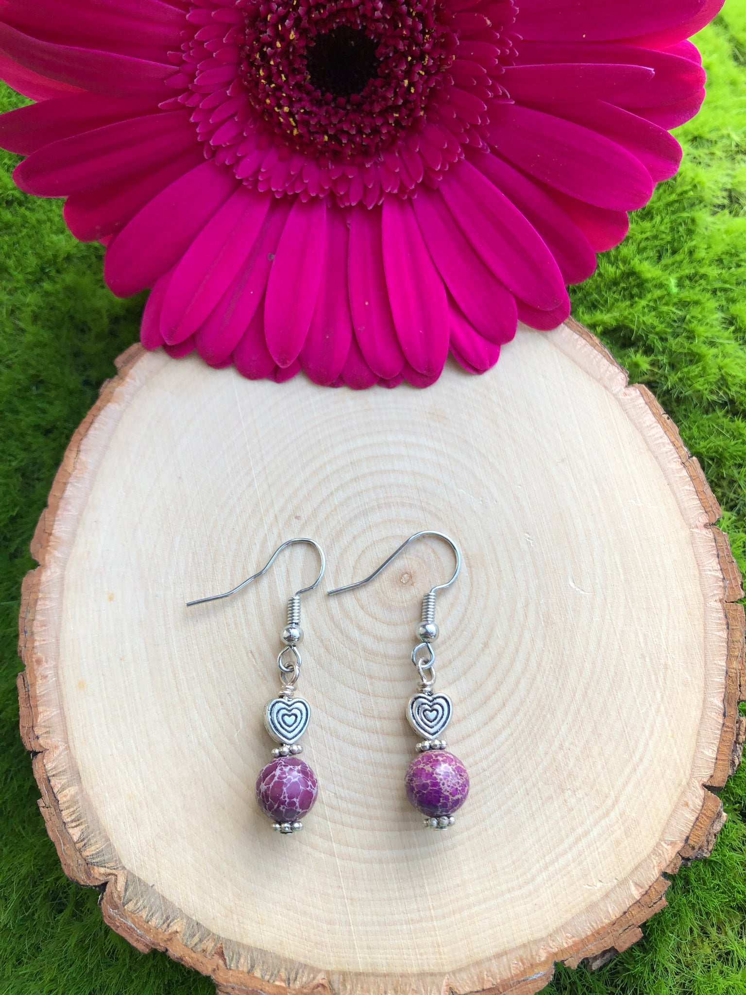 Heart earrings- purple jasper stone beads