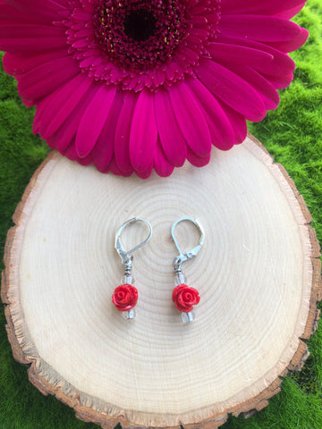 Small red rose earrings- leverback