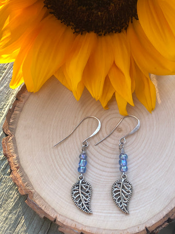 Leaf Earrings- blue seed beads