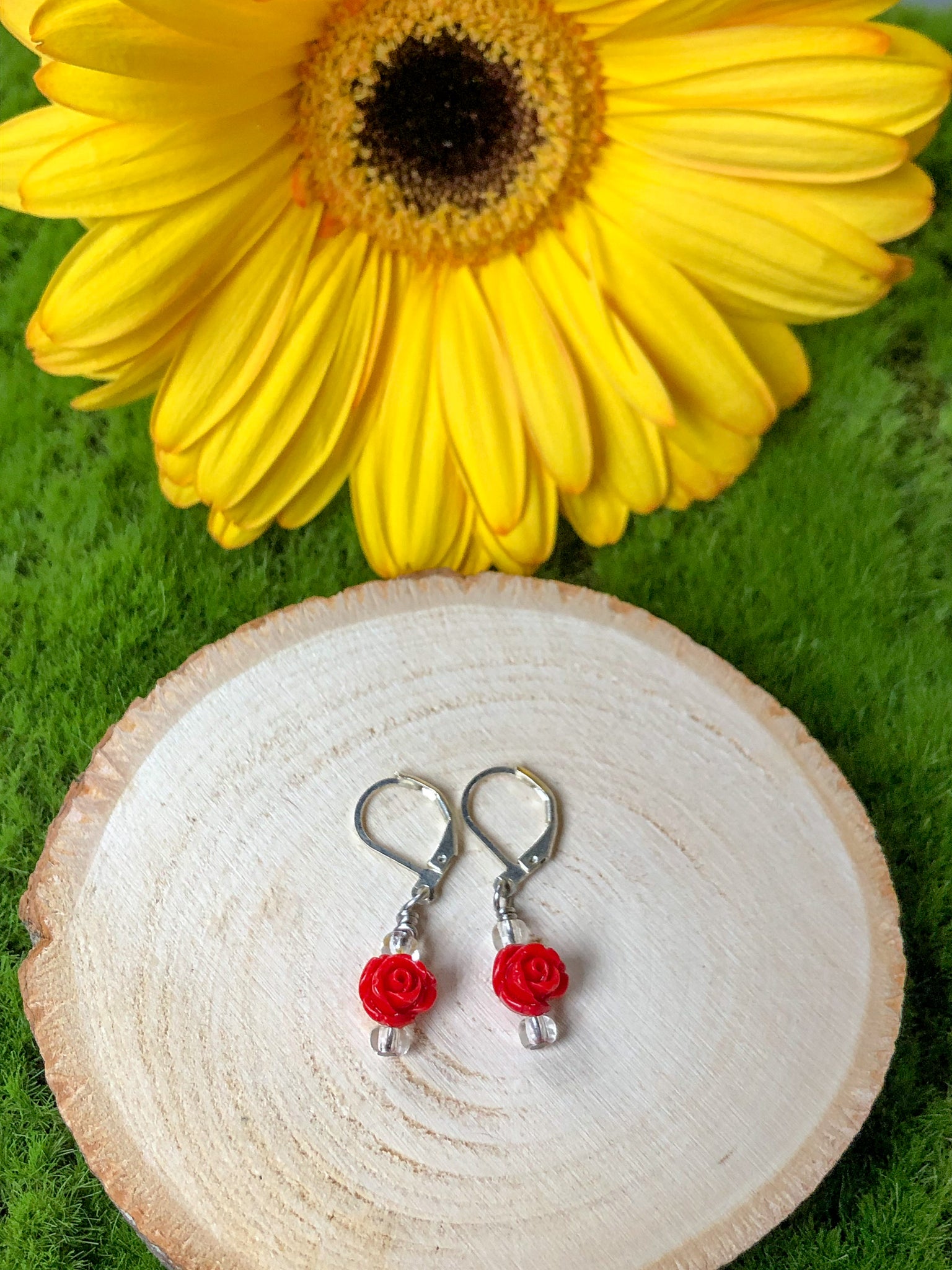Tiny Red Rose Earrings