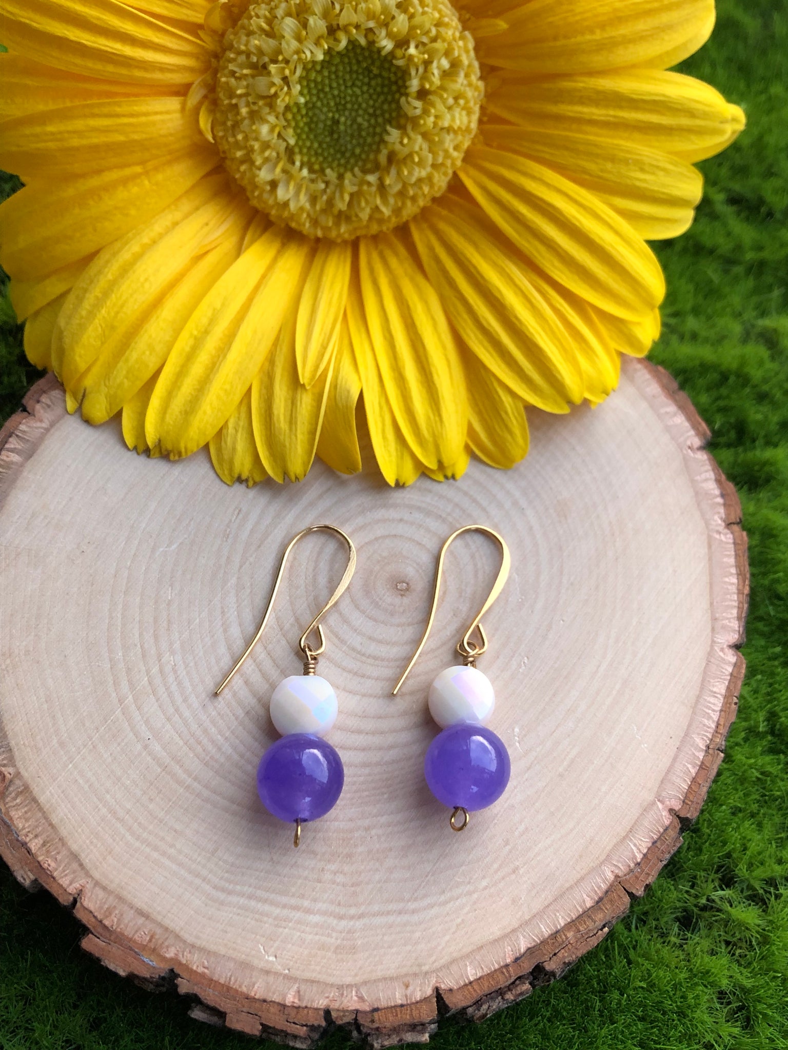 Gold purple and white bead earrings (HURRICANE HELENE COLLECTION)