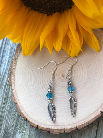 Feather Earrings -blue sparkle beads