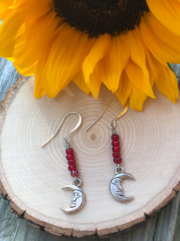 Moon Earrings- red seed beads