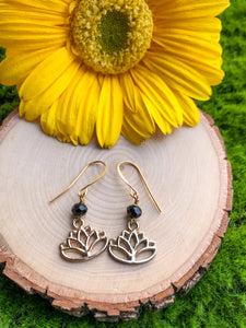 Gold Lotus Flower Earrings- black beads