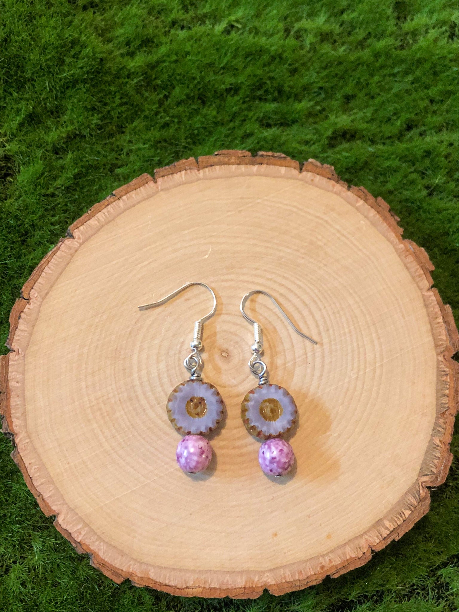 Purple and pink design bead earrings