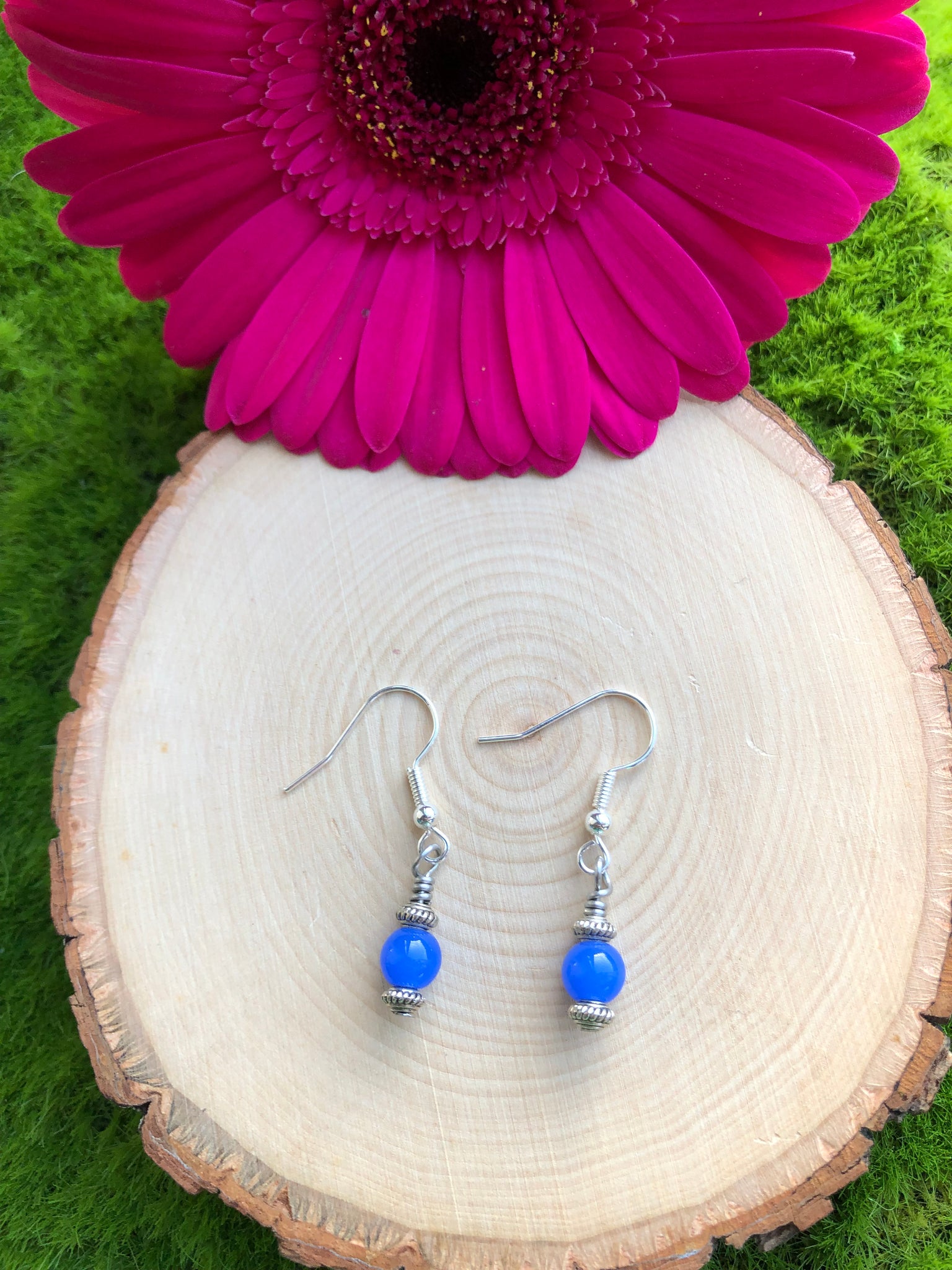 Dark blue and silver bead earrings