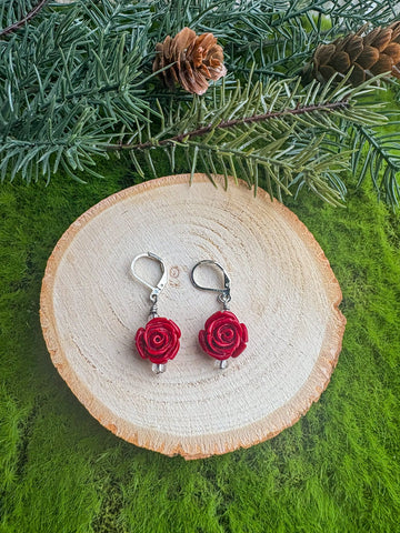 Large Red Rose Earrings- Hoops